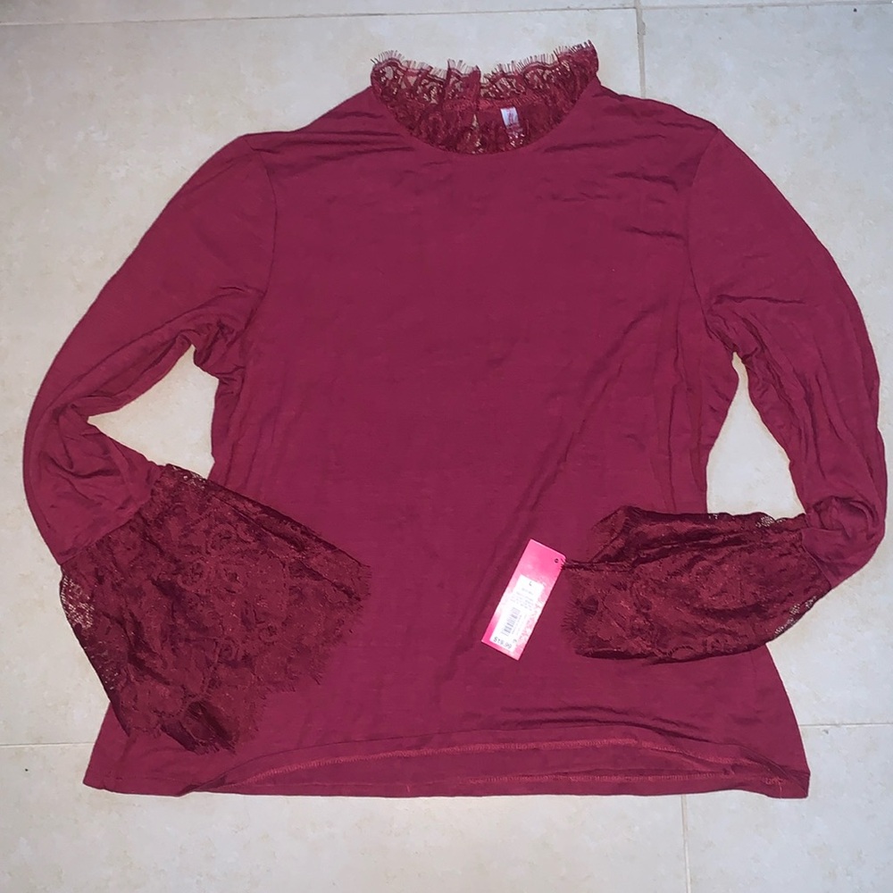 NWT Wine Red Long Sleeve with Lace Detailing and Button to close the back